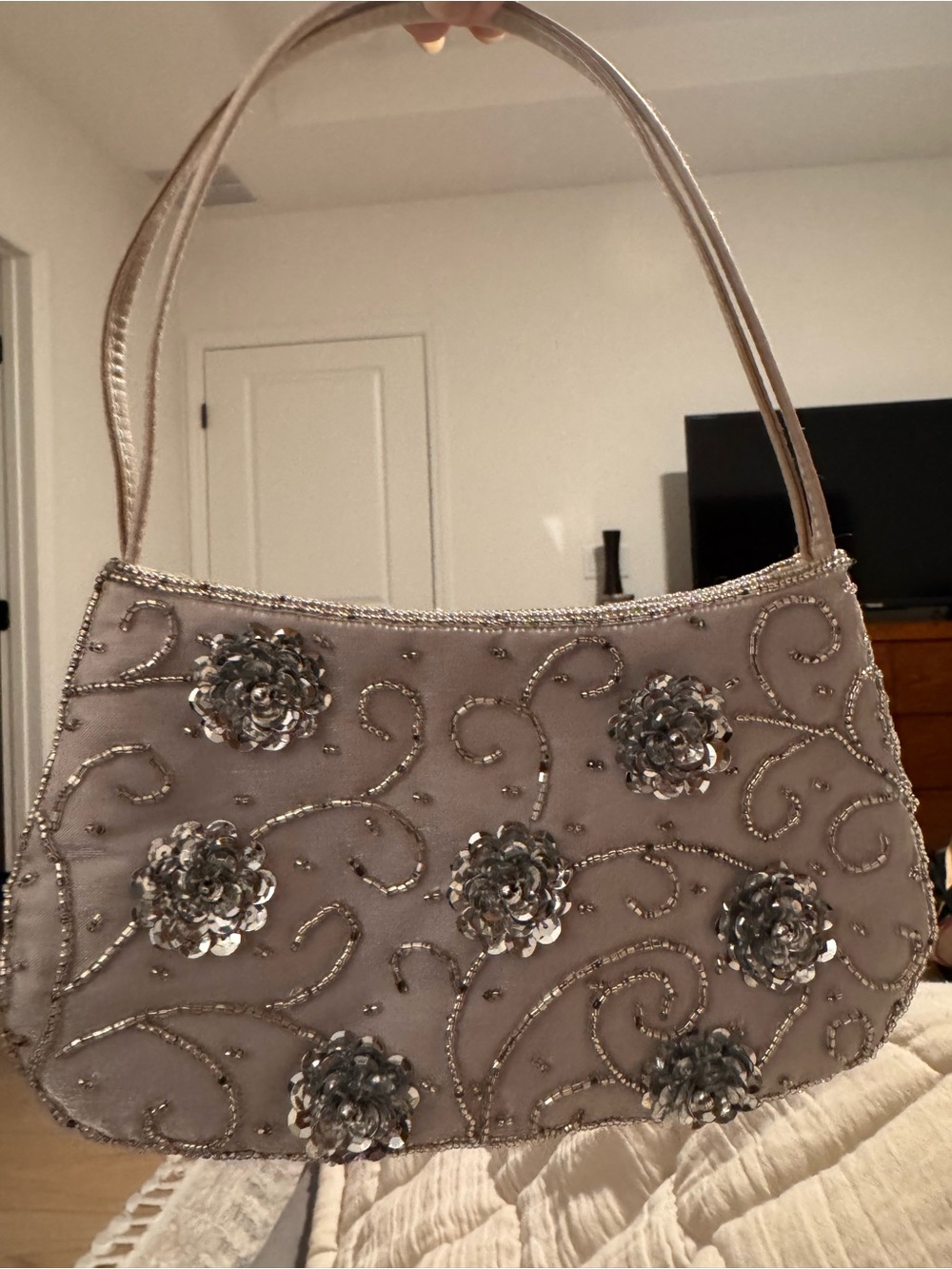 La Regale Silver Floral Sequin Shoulder Bag